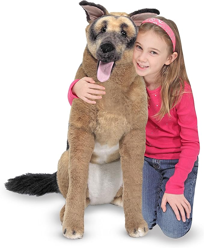 girl hugging plush german shepherd